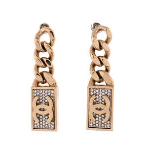 Chanel CC Dog Tag Charm Drop Earrings Metal with Crystals